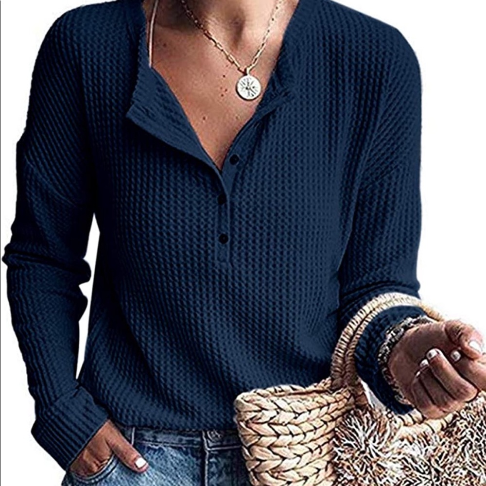 MOLERANI Womens Waffle Knit Tunic Tops Loose Long Sleeve Button Up V Neck Henley
